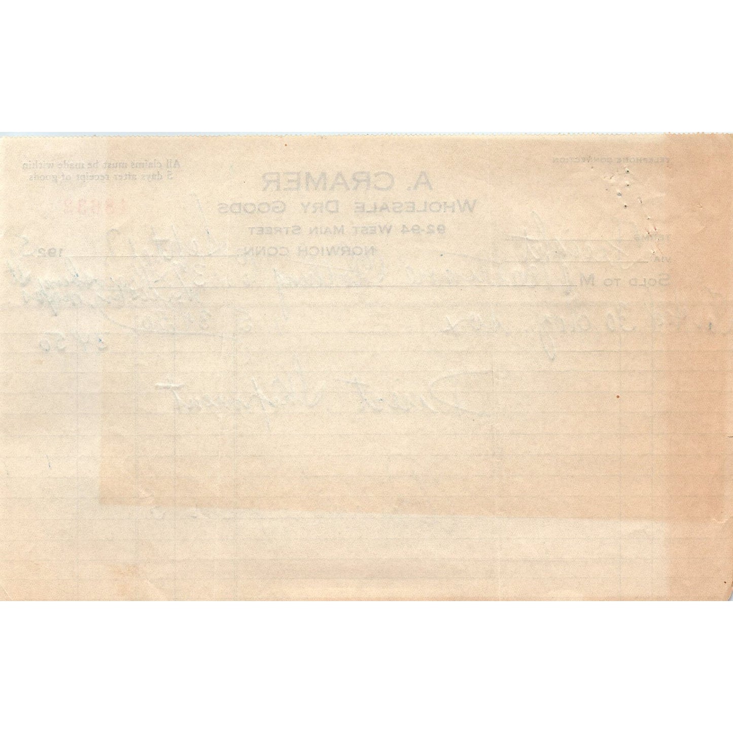 AmA Cramer Dry Goods Norwich CT 1925 Original Billhead Letterhead Receipt D8-LL