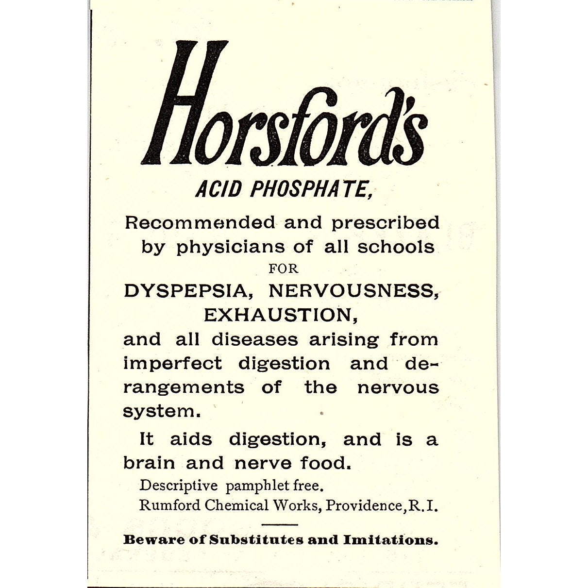 Horsford's Acid Phosphate Rumford Chemical Works Providence RI 1892 Ad AG2-M10