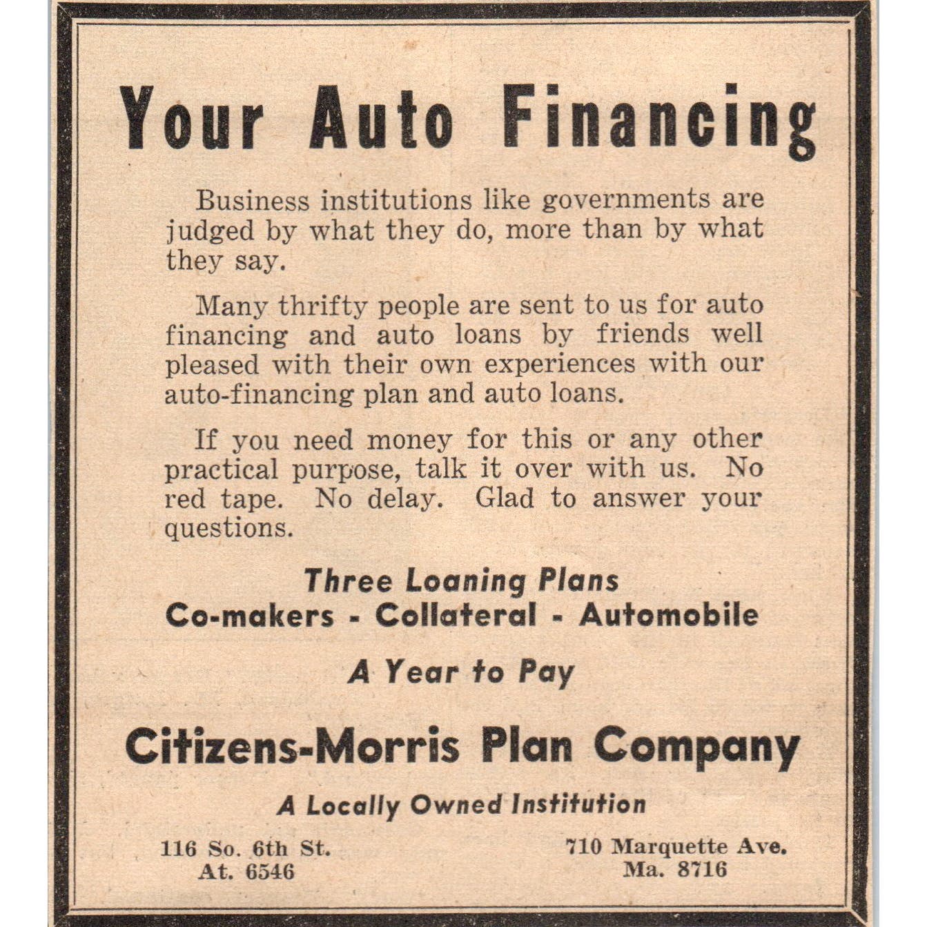 Citizens-Morris Plan Company Marquette Ave 1935 Minneapolis Journal Ad AE7-N2