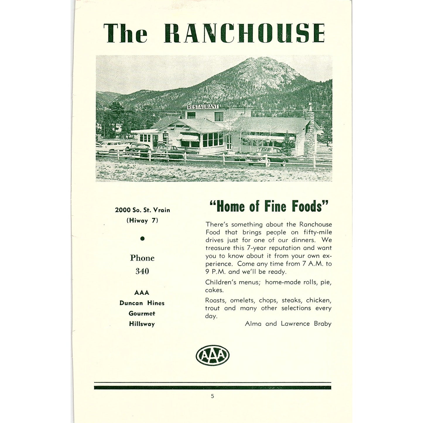 The Ranchouse Restaurant Alma & Lawrence Broby 1957 Estes Park CO Ad AG4-1