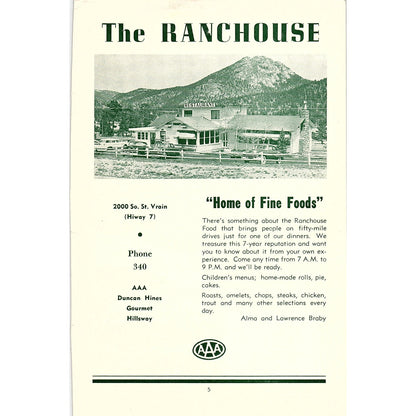 The Ranchouse Restaurant Alma & Lawrence Broby 1957 Estes Park CO Ad AG4-1