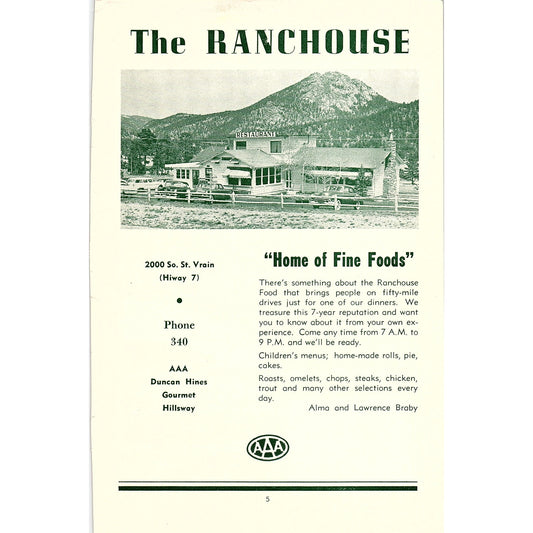 The Ranchouse Restaurant Alma & Lawrence Broby 1957 Estes Park CO Ad AG4-1
