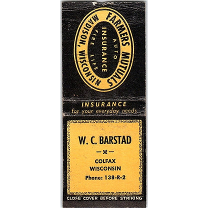 W.C. Barstad Farmers Mutuals Colfax WI Vintage Matchbook Cover SF3-Y9