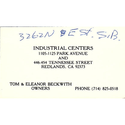 Tom & Eleanor Beckwith Industrial Centers Redlands Vintage Business Card SE3-B14