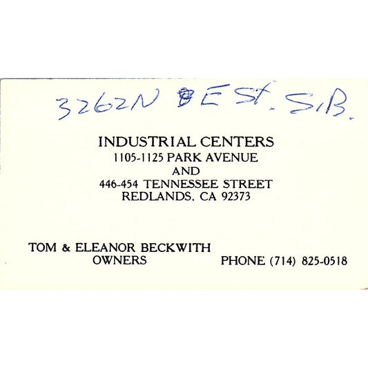 Tom & Eleanor Beckwith Industrial Centers Redlands Vintage Business Card SE3-B14
