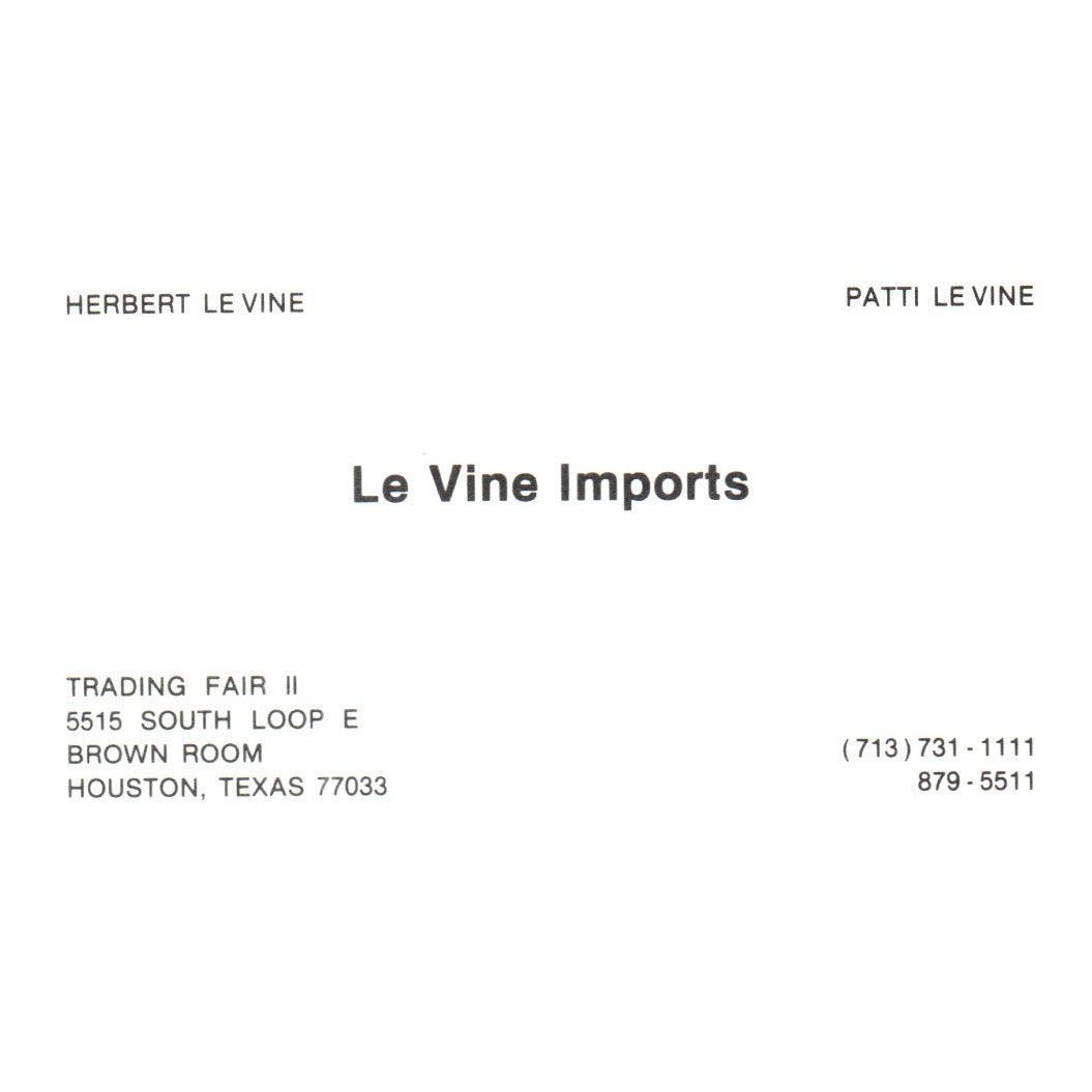 Le Vine Imports Herbert Patti Le Vine Houston TX Vintage Business Card SF3-B1
