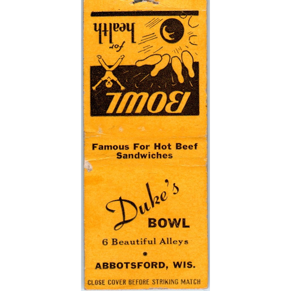Duke's Bowl Bowling Alley Abbotsford WI Vintage Matchbook Cover SD2-Y6