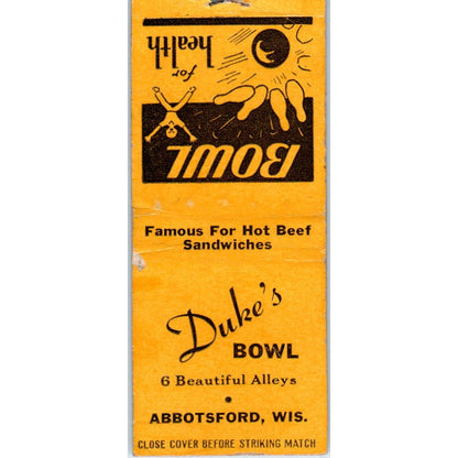 Duke's Bowl Bowling Alley Abbotsford WI Vintage Matchbook Cover SD2-Y6