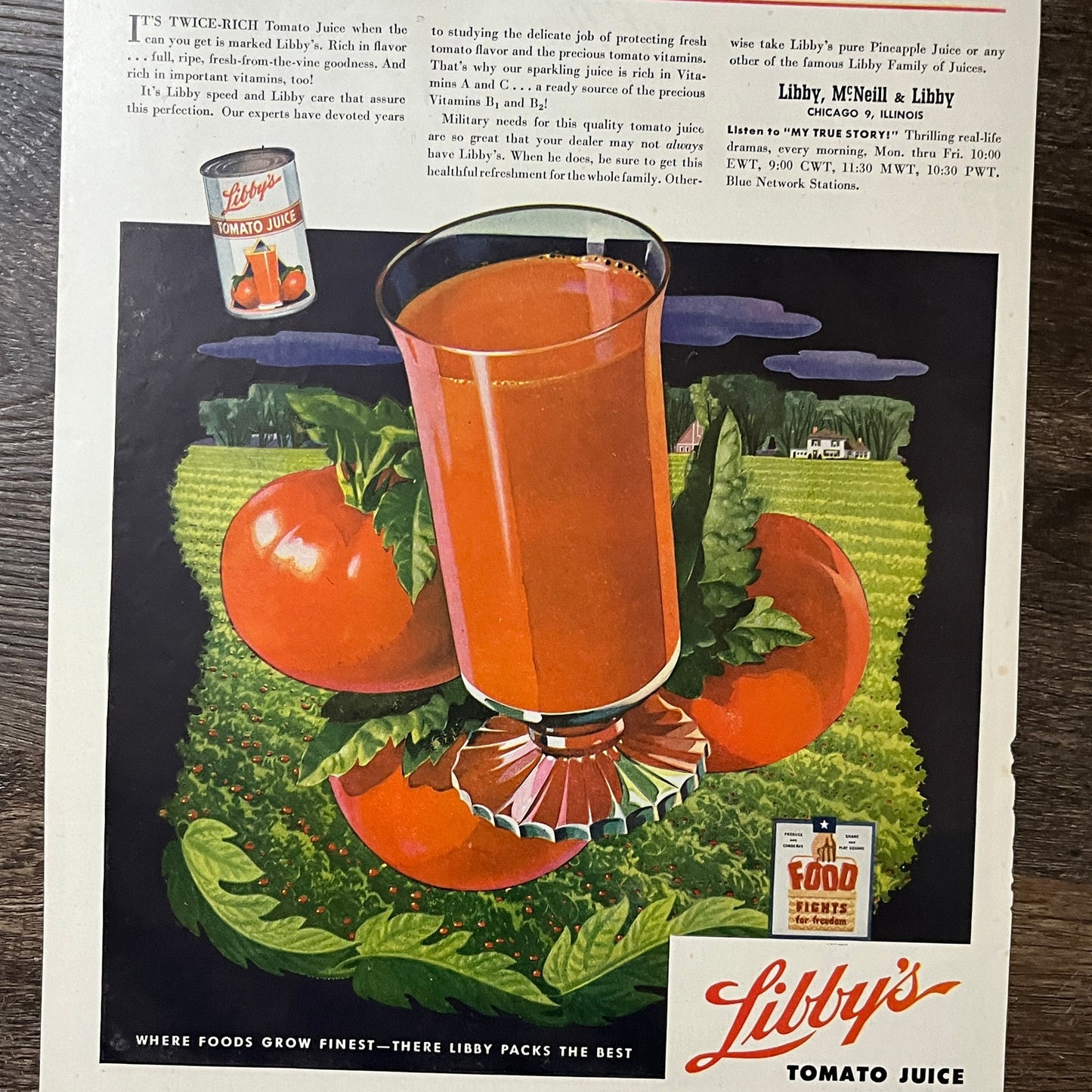 1940s Libby's Tomato Juice Libby, McNeill & Libby Vintage Magazine Ad 10x13 V8