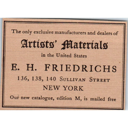 Artist Materials E.H. Friedrichs NY c1905 Victorian Ad AE9-MA11