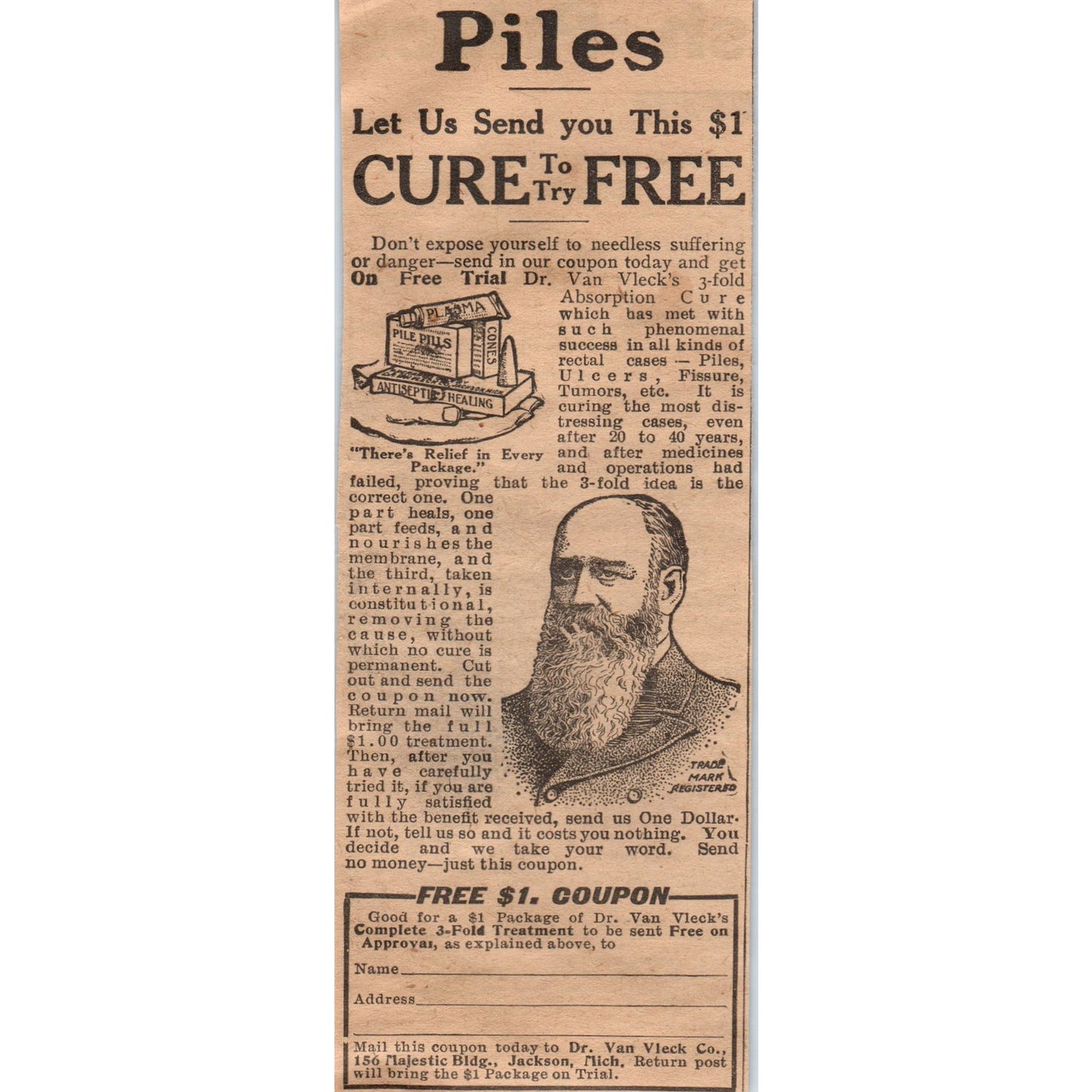 Piles Cure Dr. Van Vleck Co Jackson MI 1910 Magazine Ad AF1-CM5