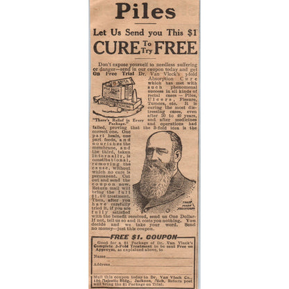 Piles Cure Dr. Van Vleck Co Jackson MI 1910 Magazine Ad AF1-CM5