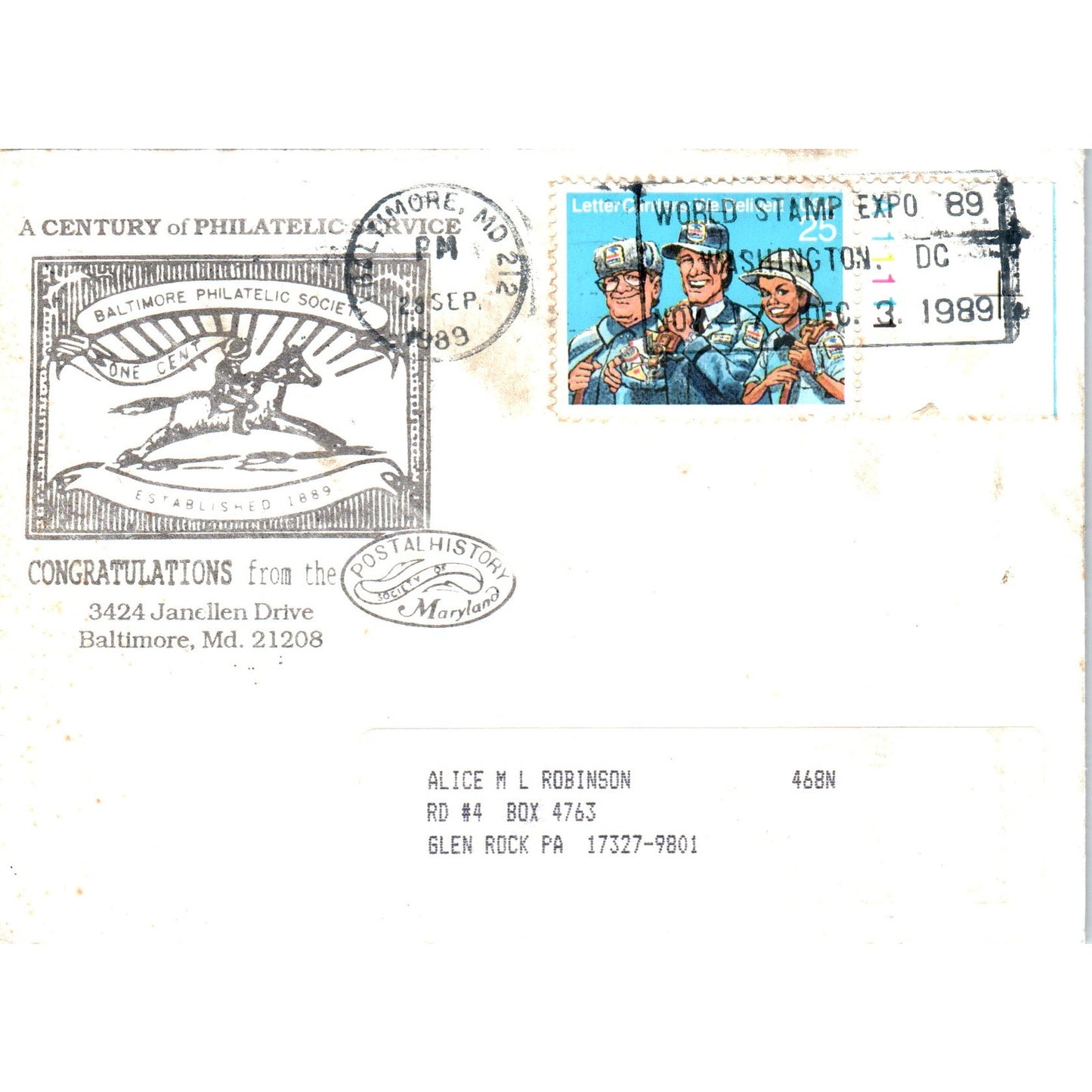 1989 Baltimore Philatelic Society Centennial Postal Cover AB6-TZ