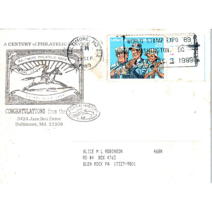 1989 Baltimore Philatelic Society Centennial Postal Cover AB6-TZ