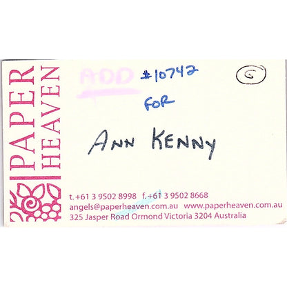 Paper Heaven Ann Kenny Victoria Australia Vintage Business Card SC9-B9