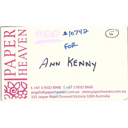 Paper Heaven Ann Kenny Victoria Australia Vintage Business Card SC9-B9