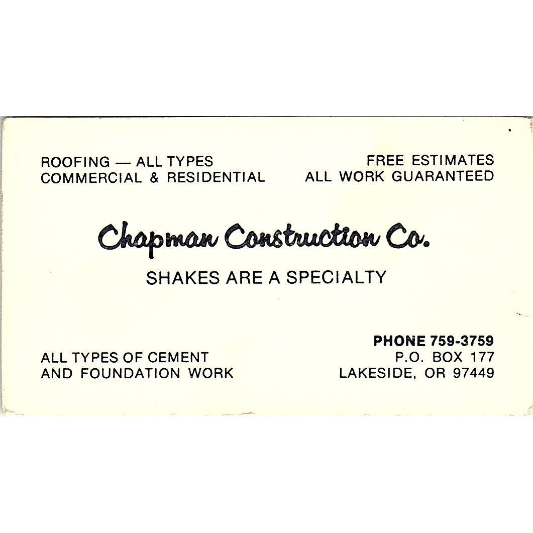 Chapman Construction Co Lakeside Oregon Vintage Business Card SD9-B3