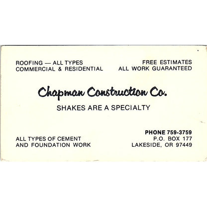 Chapman Construction Co Lakeside Oregon Vintage Business Card SD9-B3