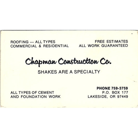 Chapman Construction Co Lakeside Oregon Vintage Business Card SD9-B3