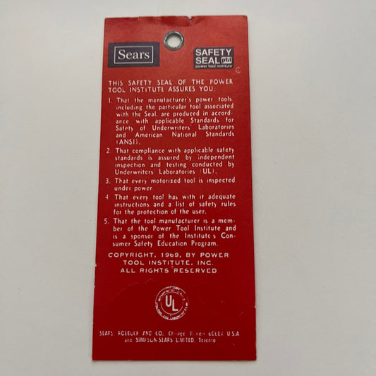 1969 Sears Safety Seal Power Tool Hang Tag AG5-M4