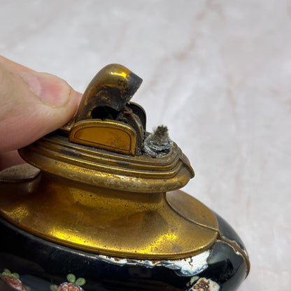 Vintage Evans Brass Black Enamel Floral Teapot Style Table Lighter TL6
