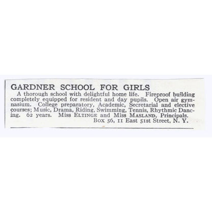 Gardner Girls School Miss Eltinge & Masland NY c1918 Advertisement AE5-SA7