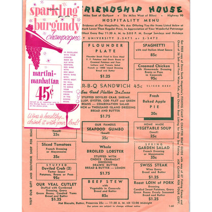 1960 Friendship House Restaurant Menu Biloxi Mississipps AE8