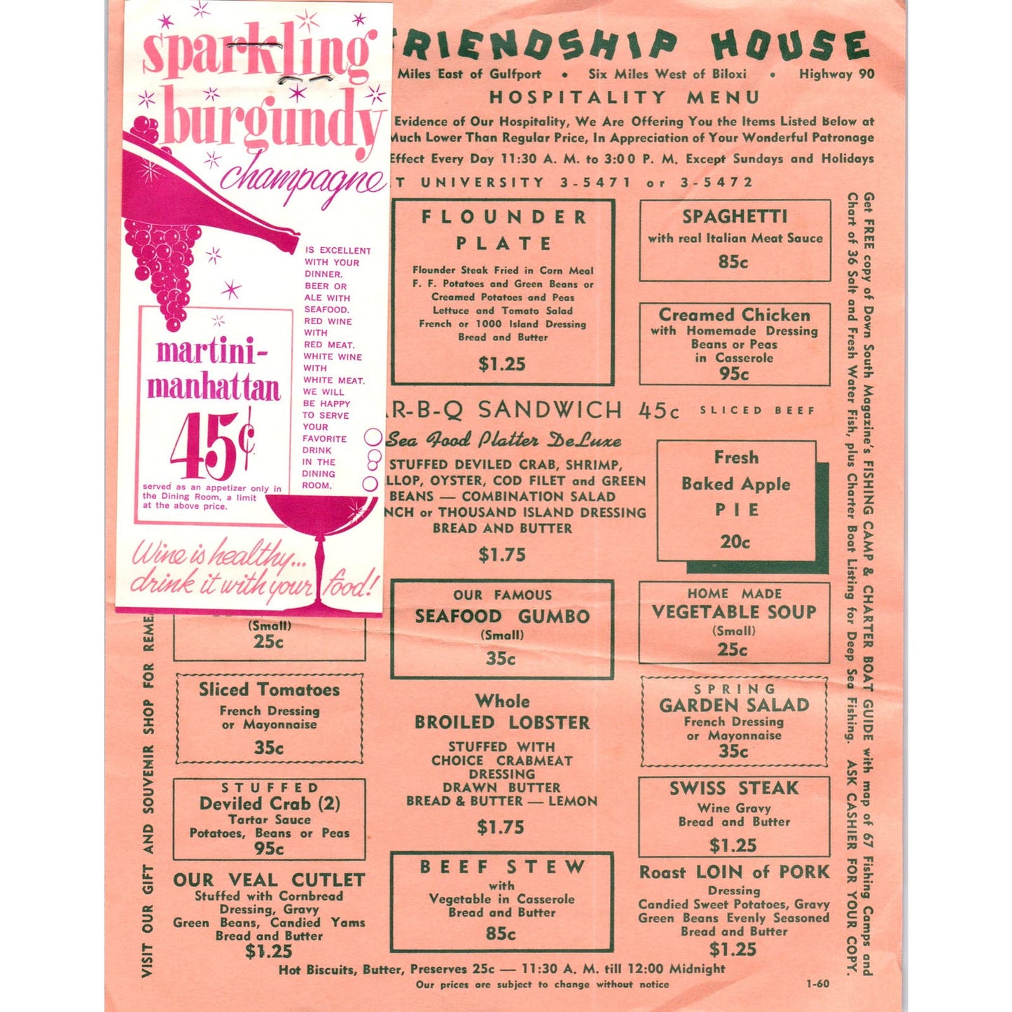 1960 Friendship House Restaurant Menu Biloxi Mississippi AE8