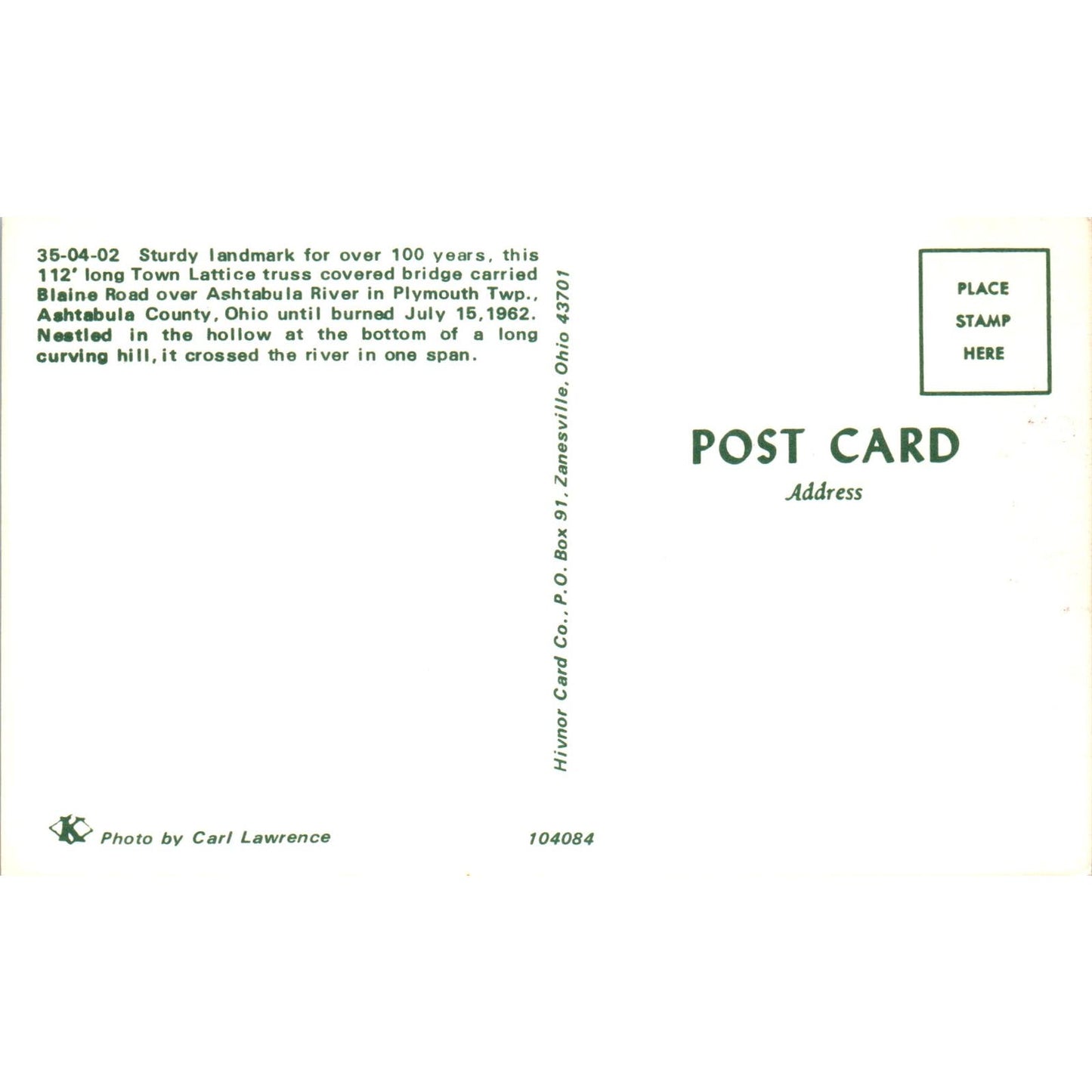 Plymouth Township Blain Road Ashtabula County OH Covered Bridge Postcard PC2