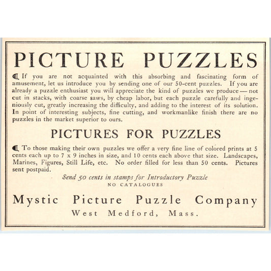 Picture Puzzles Mystic Picture Puzzle Co West Medford 1908 Victorian Ad AB8-MA12