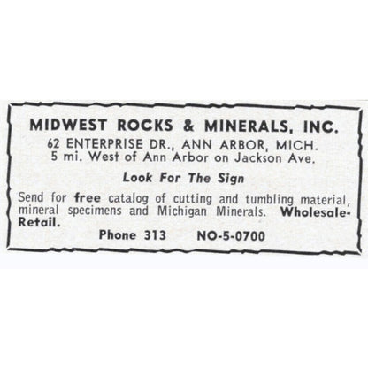 Midwest Rocks & Minerals Inc. Ann Arbor Michigan 1964 Magazine Ad AK6-S8