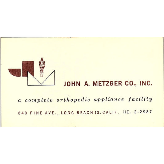 John A Metzger Co Orthopedic Appliances Long Beach Vintage Business Card SD9-B11