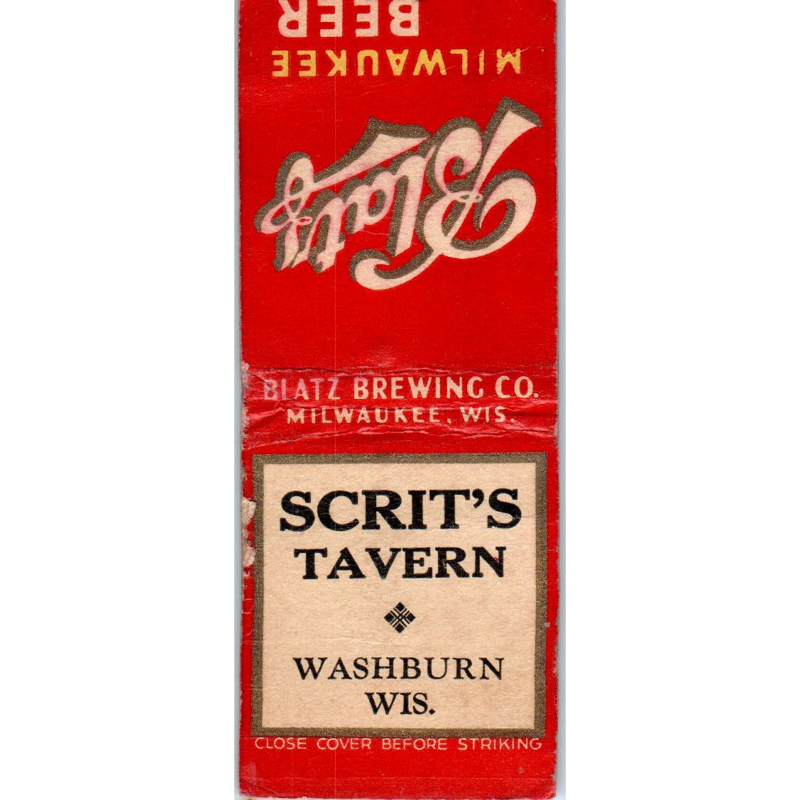 Scrit's Tavern Washburn WI Blatz Vintage Matchbook Cover SD2-Y9