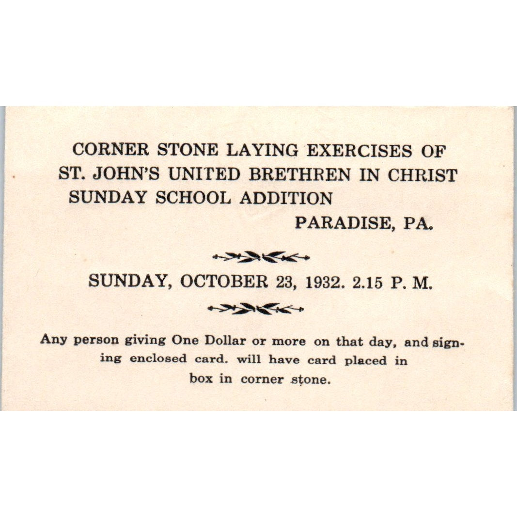 1932 Offering Envelope Cornerstone Laying St. John's United Paradise PA D21