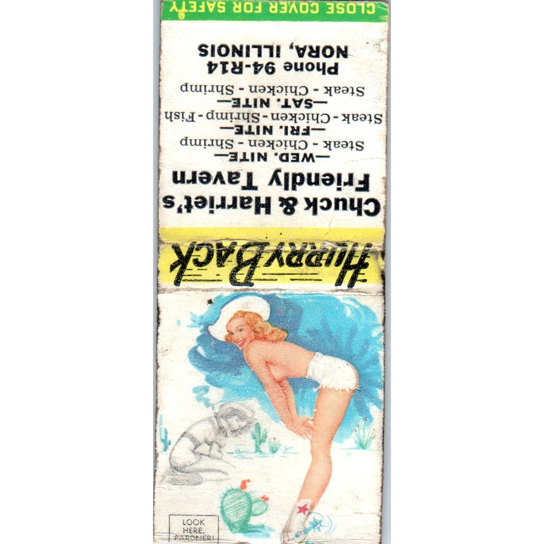 Chuck & Harriet's Friendly Tavern Nora IL Pinup Vintage Matchbook Cover SD2-Y9