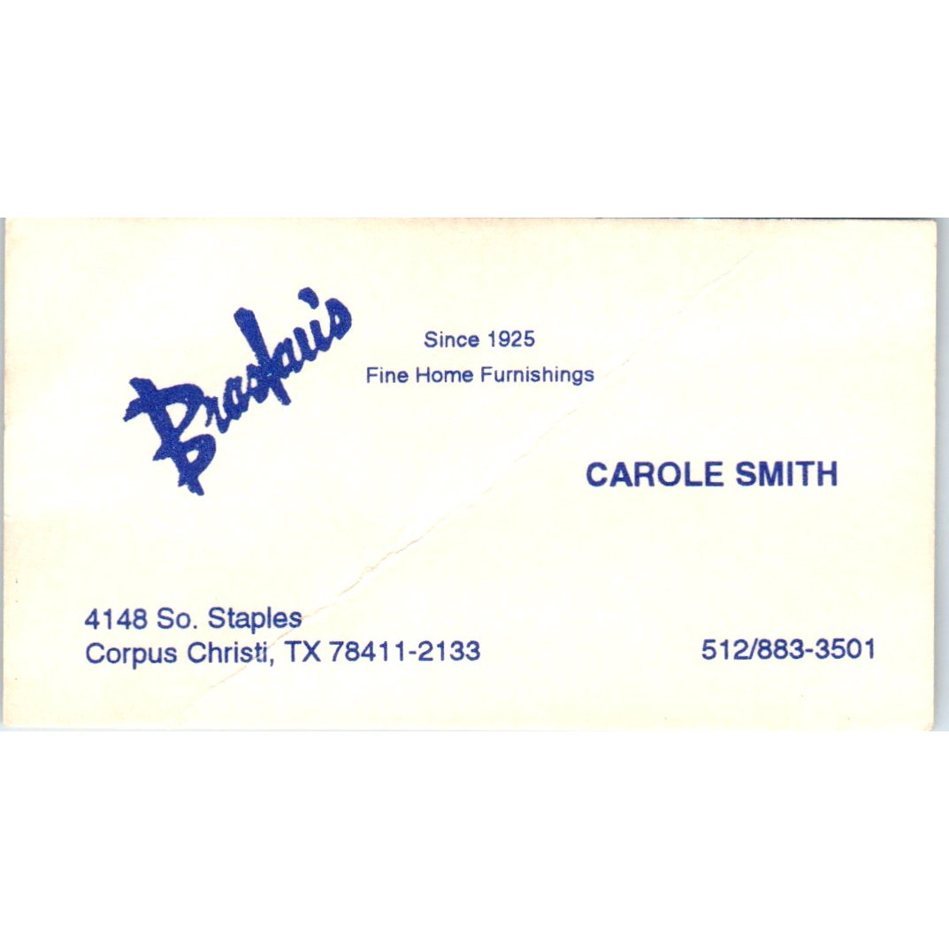Braslau's Home Furnishings Carole Smith Corpus Christi Vtg Business Card SE3-B2