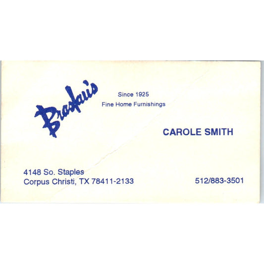 Braslau's Home Furnishings Carole Smith Corpus Christi Vtg Business Card SE3-B2
