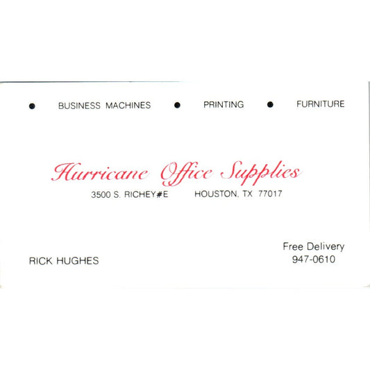 Rick Hughes Hurricane Office Supplies Houston Vintage Business Card SE3-B5
