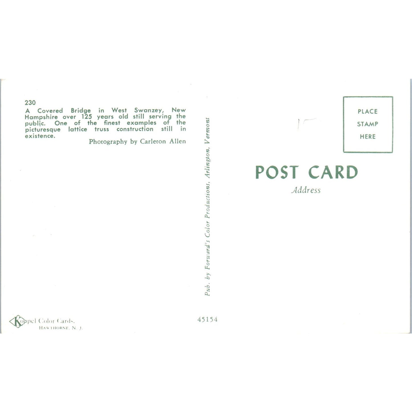 Covered Bridge in West Swanzey NH Vintage Covered Bridge Postcard PD3