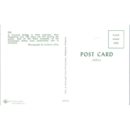 Covered Bridge in West Swanzey NH Vintage Covered Bridge Postcard PD3