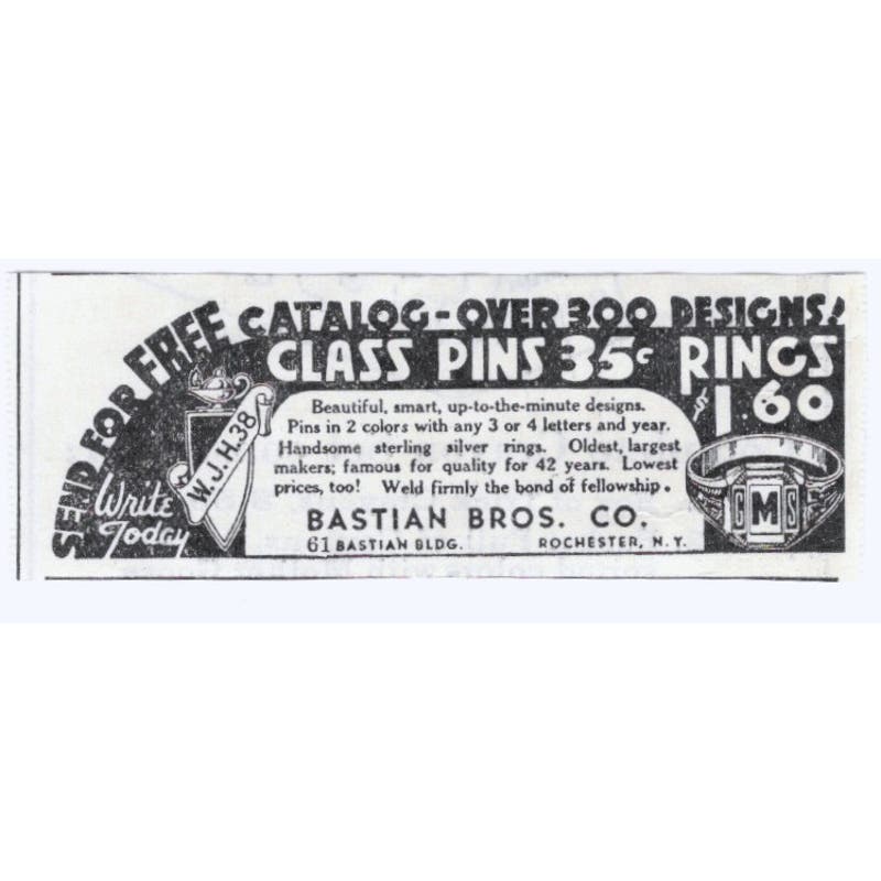 Bastian Bros Rochester NY Rings Pins 1930s Magazine Advertisement AE4-I3