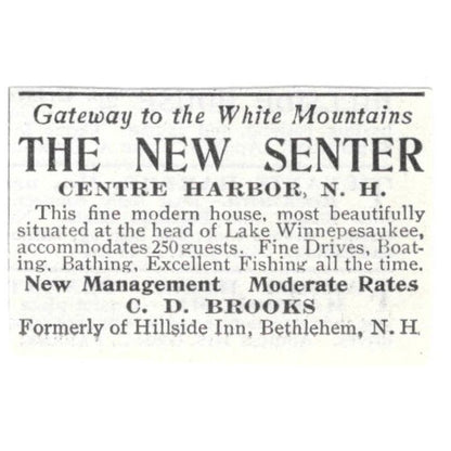 The New Senter Centre Harbor NH C.D. Brooks c1918 Original Advertisement AE5-SV6
