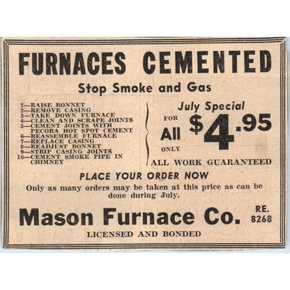 Mason Furnace Co Furnaces Cemented 1935 Minneapolis Journal Advertisement AE7-N2
