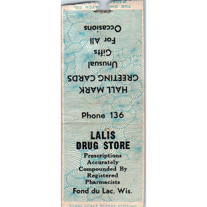 Lalis Drug Store Fond Du Lac WI Vintage Matchbook Cover SD4-Y5