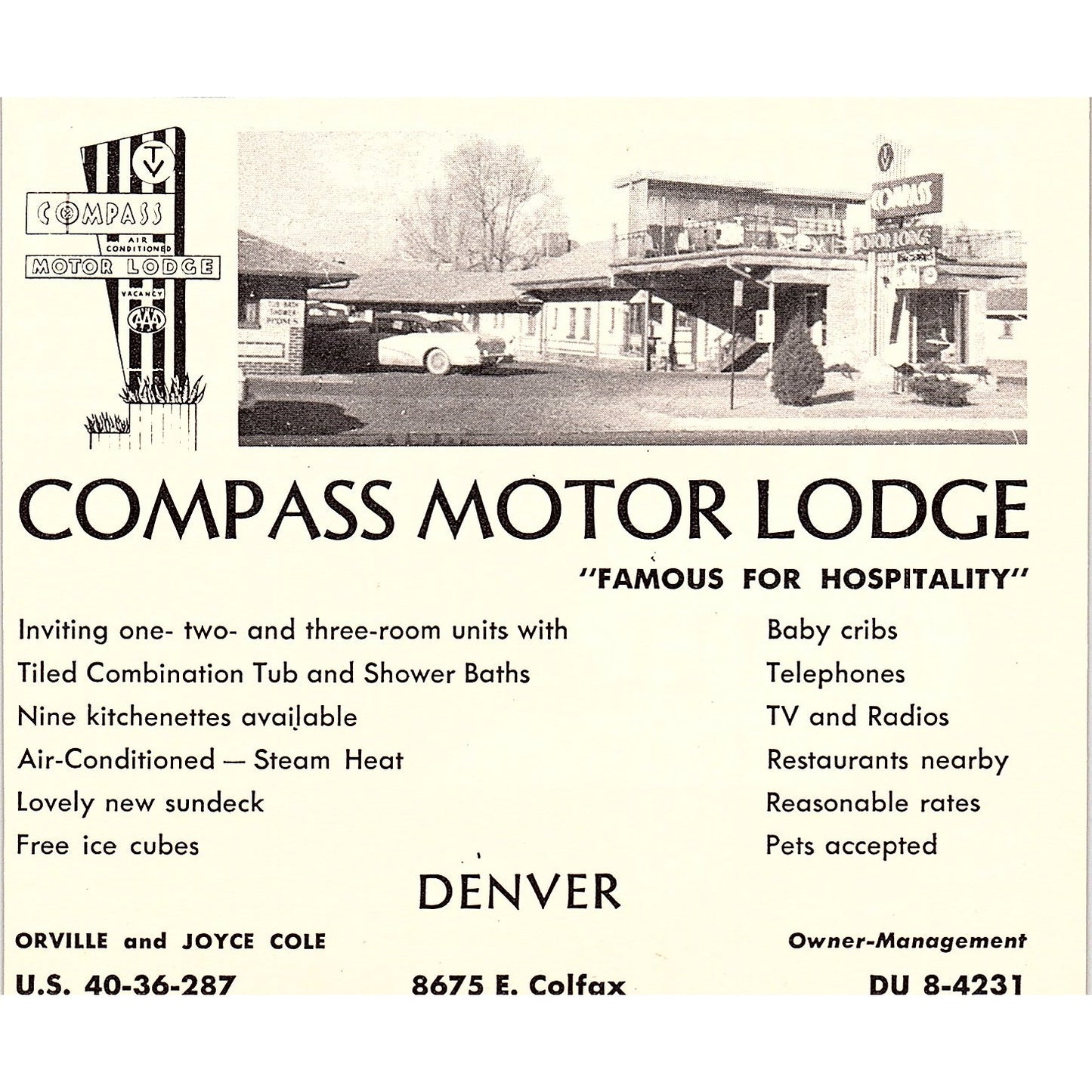 Courtesy Motel Fred Schubert, Compas Motor Lodge Denver CO 1958 Ad AG1-H1