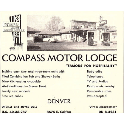 Courtesy Motel Fred Schubert, Compas Motor Lodge Denver CO 1958 Ad AG1-H1