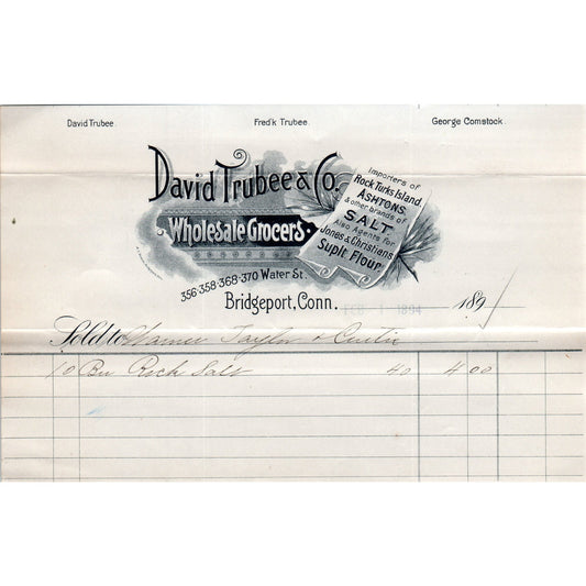 1891 David Trubee & Co Grocers Bridgeport CT Receipt Letterhead D24