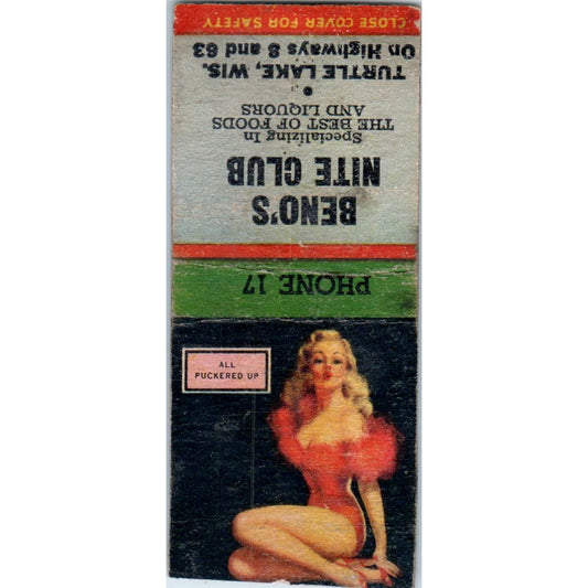 Beno's Nite Club Turtle Lake WI Pinup Vintage Matchbook Cover SD4-Y17