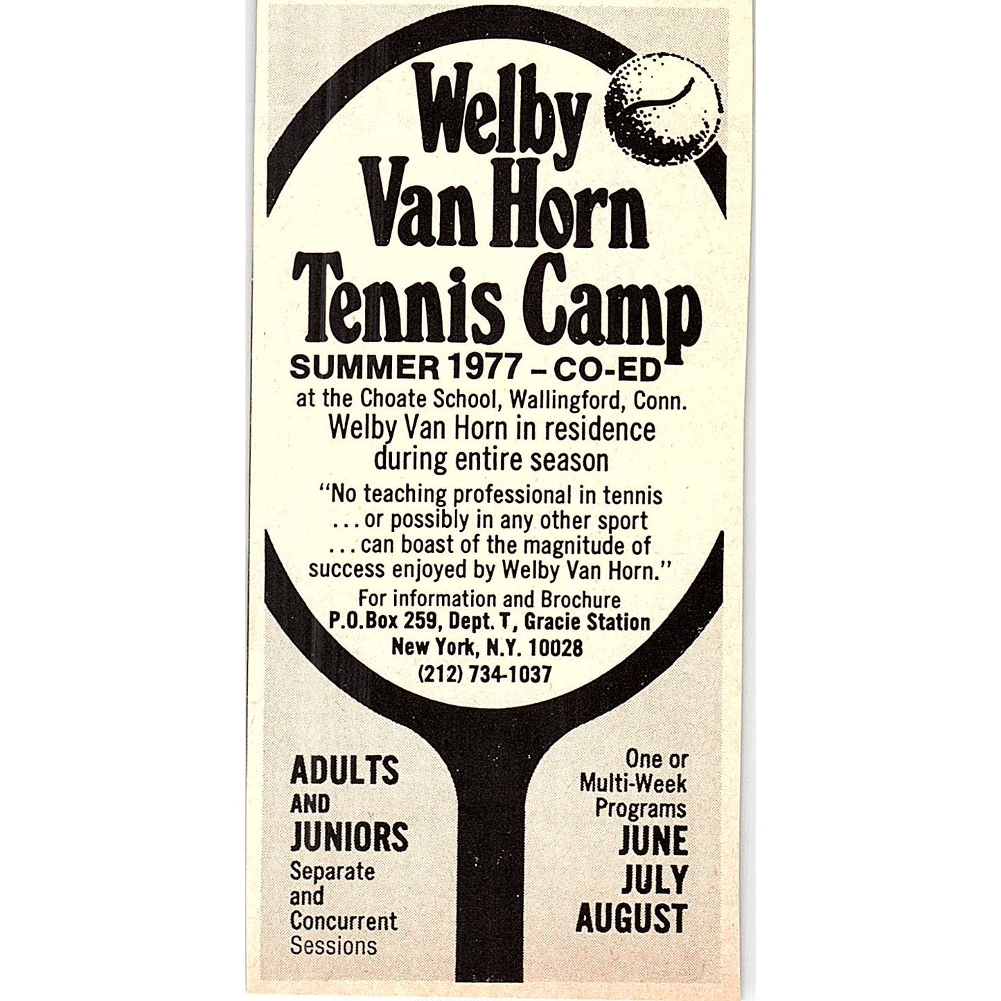 Welby Van Horn Tennis Camp New York 1977 Ad AF3-Q1