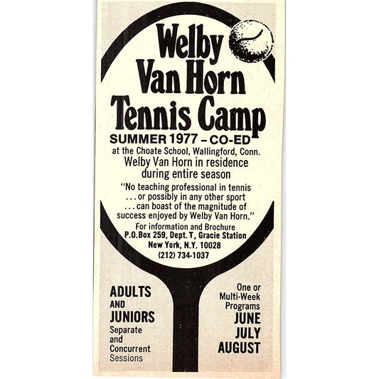 Welby Van Horn Tennis Camp New York 1977 Ad AF3-Q1